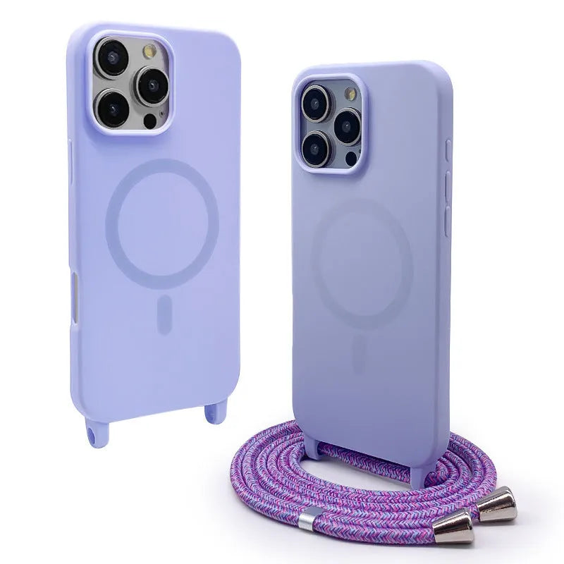 Magnetic lanyard phone case frosted TPU shockproof for iPhone 15 Pro Max, colour Black