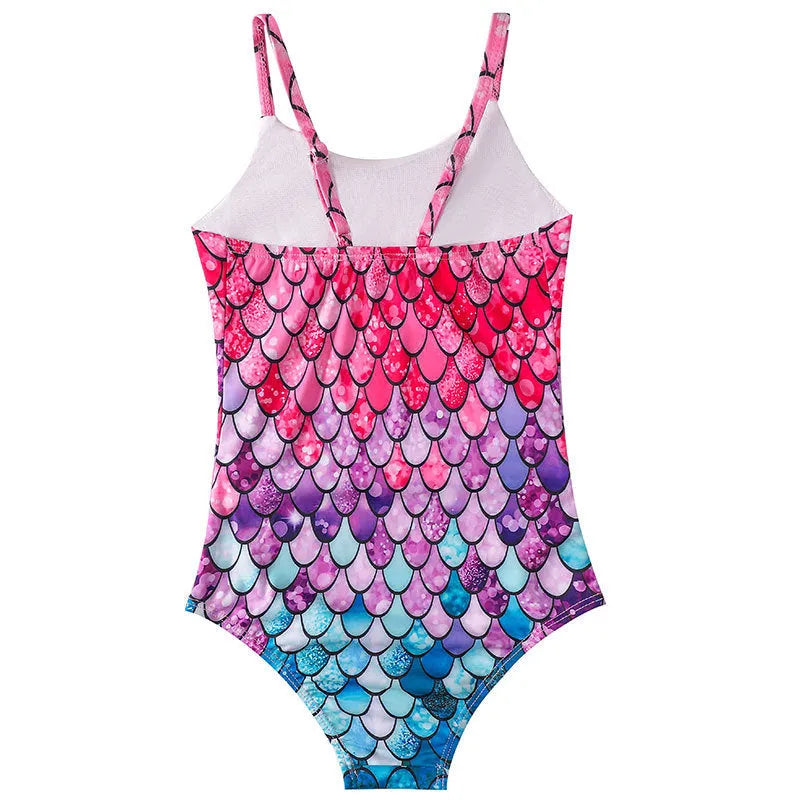 Blue and purple girls' mermaid one-piece swimsuit for swimming, shown in a child size.