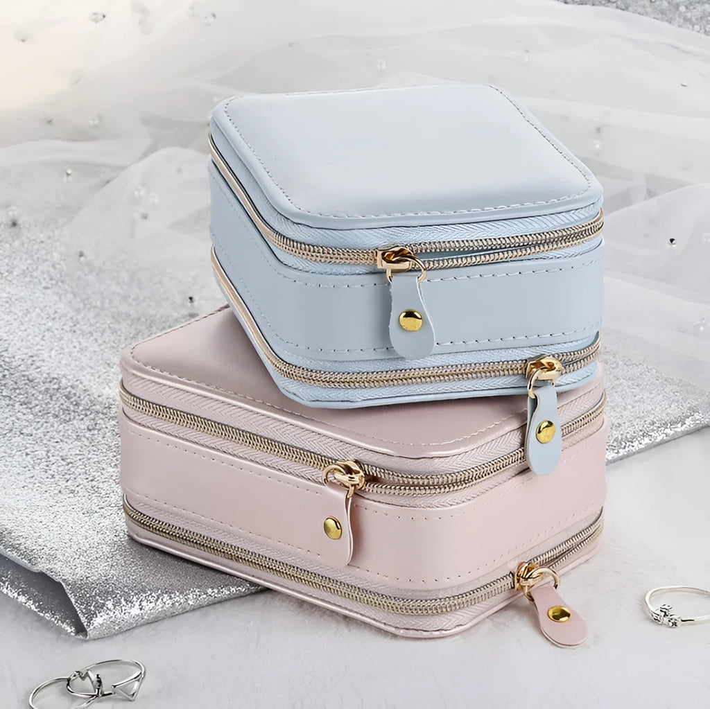 Portable PU leather jewellery box with three-layer storage in blue colour