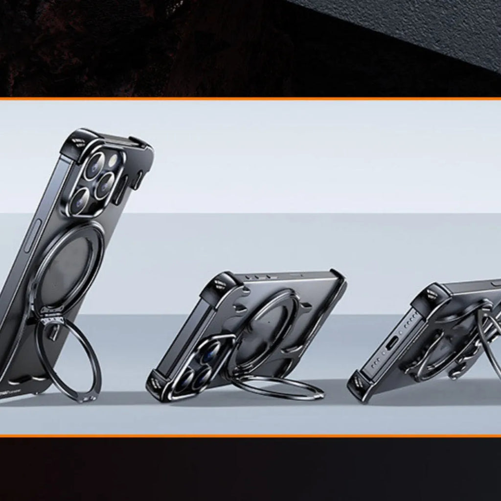 Liquid metal frameless phone case with rotating bracket for iPhone, gentleman's black colour, metal hollow design