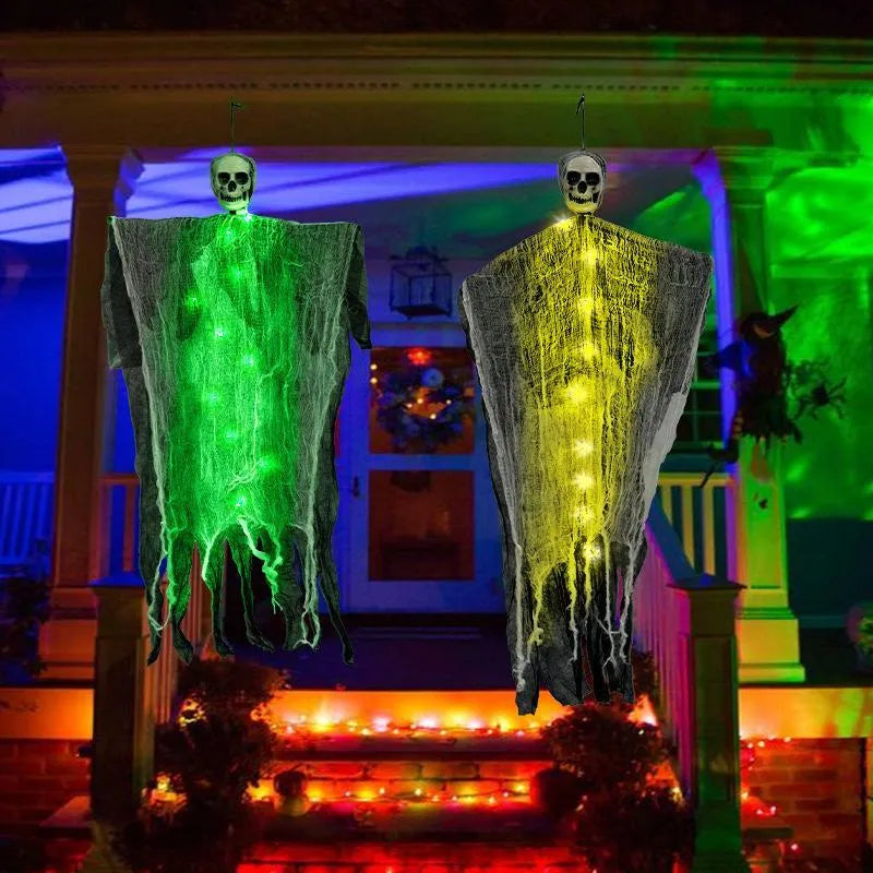 85cm hanging ghost Halloween decoration in warm colour with skull face, made from plastic, wrought iron, foam and cloth