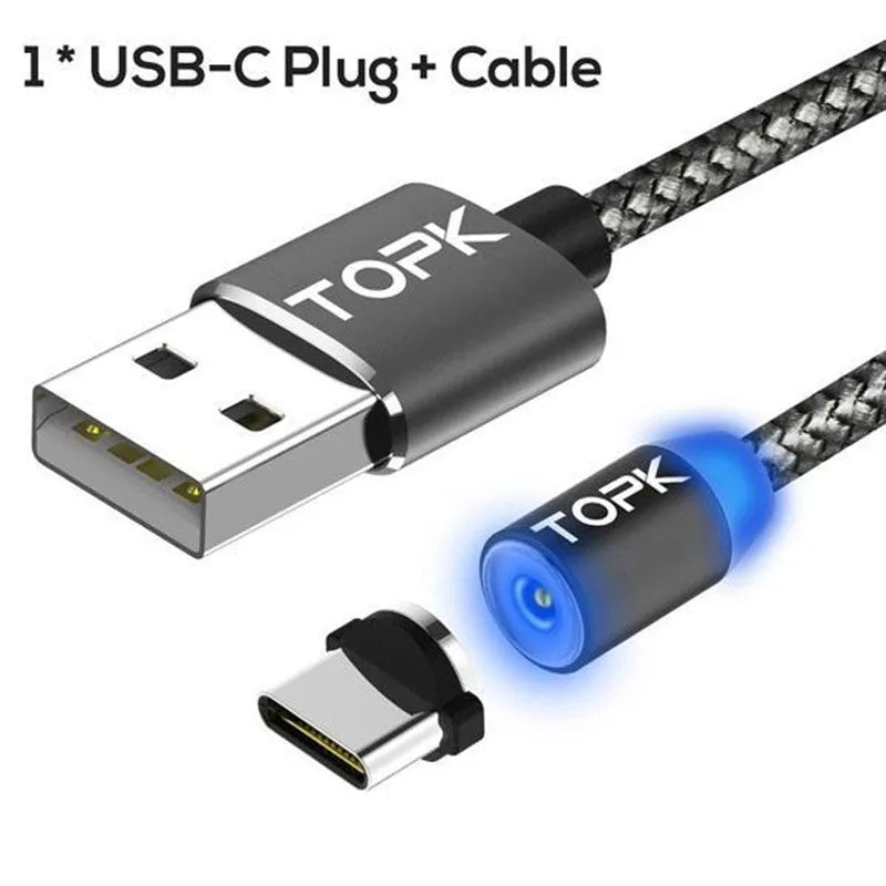 Silver magnetic charging cable with three detachable plugs for iPhone, Android and USB Type-C phones.