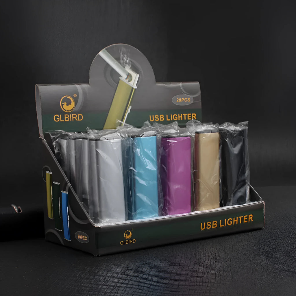 Set of 20 rechargeable windproof cigarette lighters with metal casings in various random colours