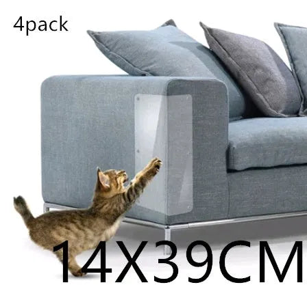 Two transparent PVC self-adhesive cat claw protector pads on a leather sofa arm, each 47x15cm