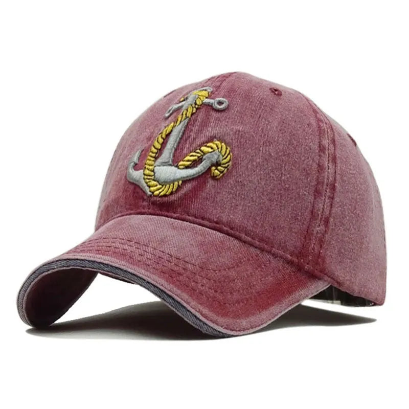 Anchor embroidered cotton baseball cap in Khaki colour, front view, showing adjustable back strap.