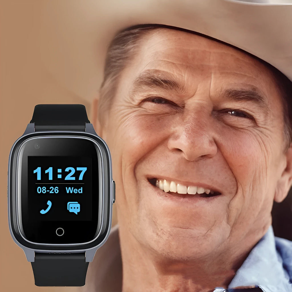 Black elderly positioning smart watch with 1.4 inch screen, plastic body, plus button, and wrist strap