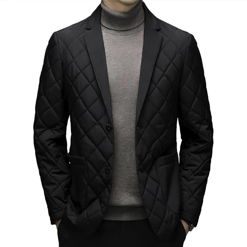 Men's solid colour thick down winter jacket with lapel and side seam pockets.