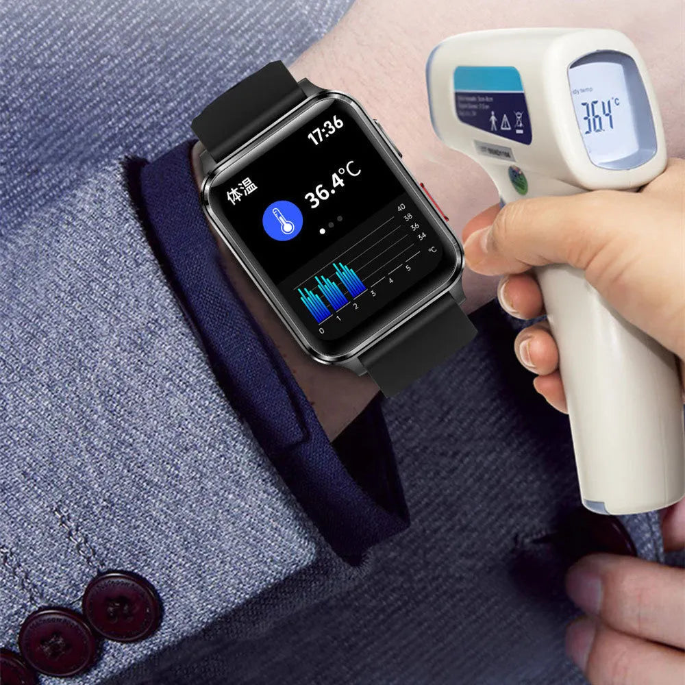 Multi-sport smart watch with a blue silicone wristband showing its 1.7-inch touchscreen display.