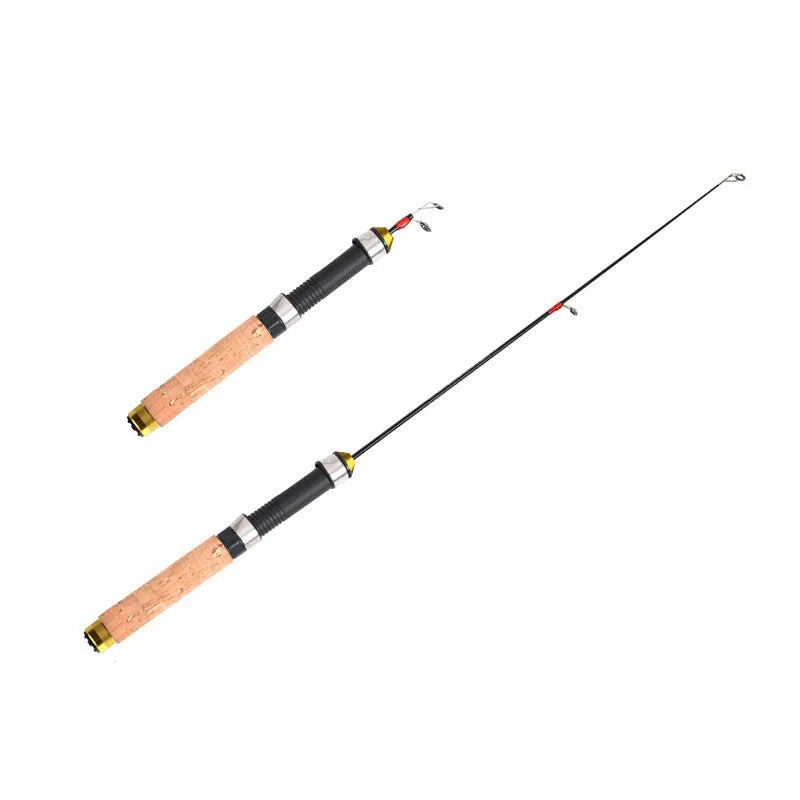 Wood grain ice fishing rod with carbon coating, retracted to 0.6 metres, shown on ice surface