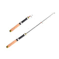 Wood grain ice fishing rod with carbon coating, retracted to 0.6 metres, shown on ice surface