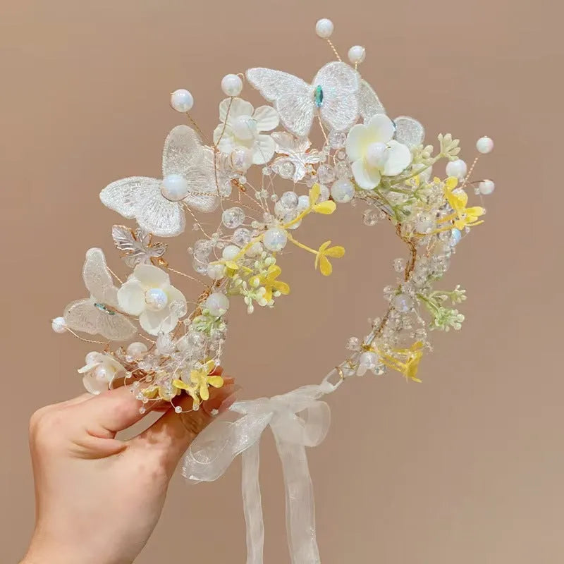 Children's Mori style flower garland headband with lace, shown in blue or pink Super Fairy hair garland design