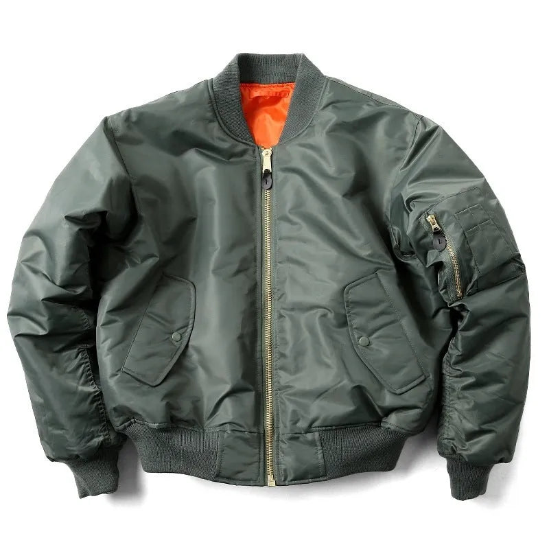 Men's loose fit cotton-padded pilot jacket in army green nylon fabric