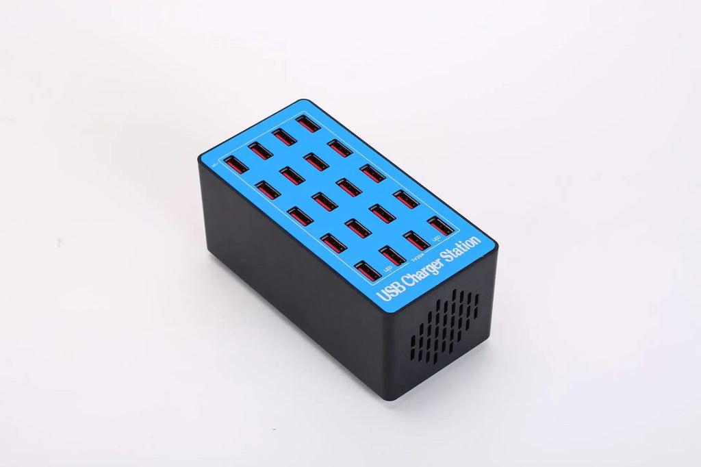 20-port USB charging station in Blue A5 with PC ABS fire retardant housing and UK EU US AU power supply option