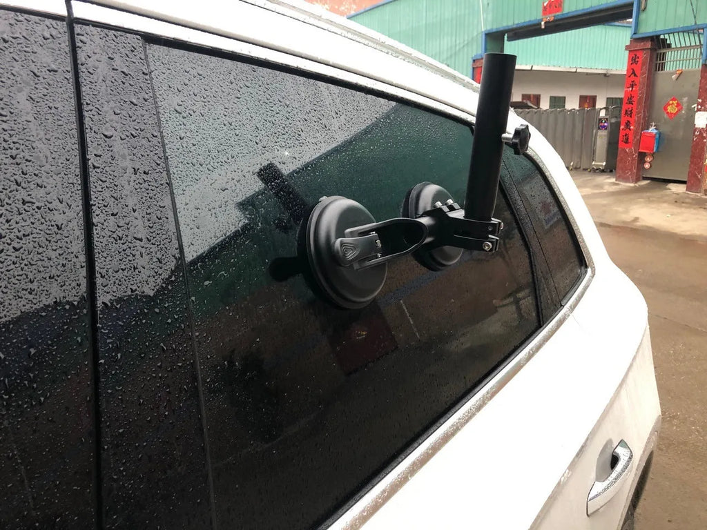 Black ABS off-road car sucker base with a round rubber sucker for mounting flagpoles on vehicle glass.