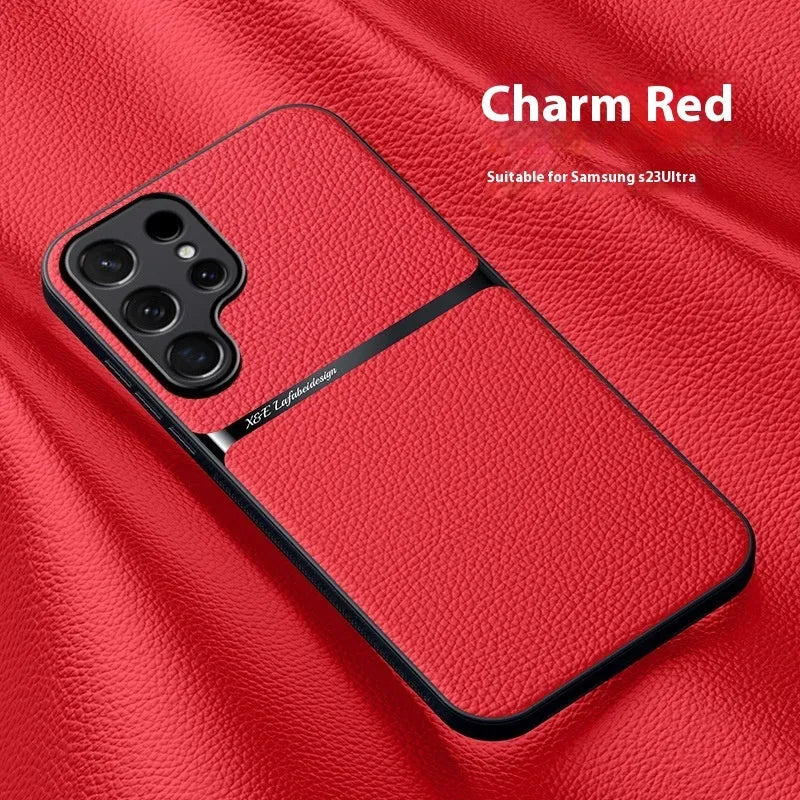 Litchi leather pattern Samsung phone case with embossed plaid design and magnetic anti-fall cover in Still Night Black.