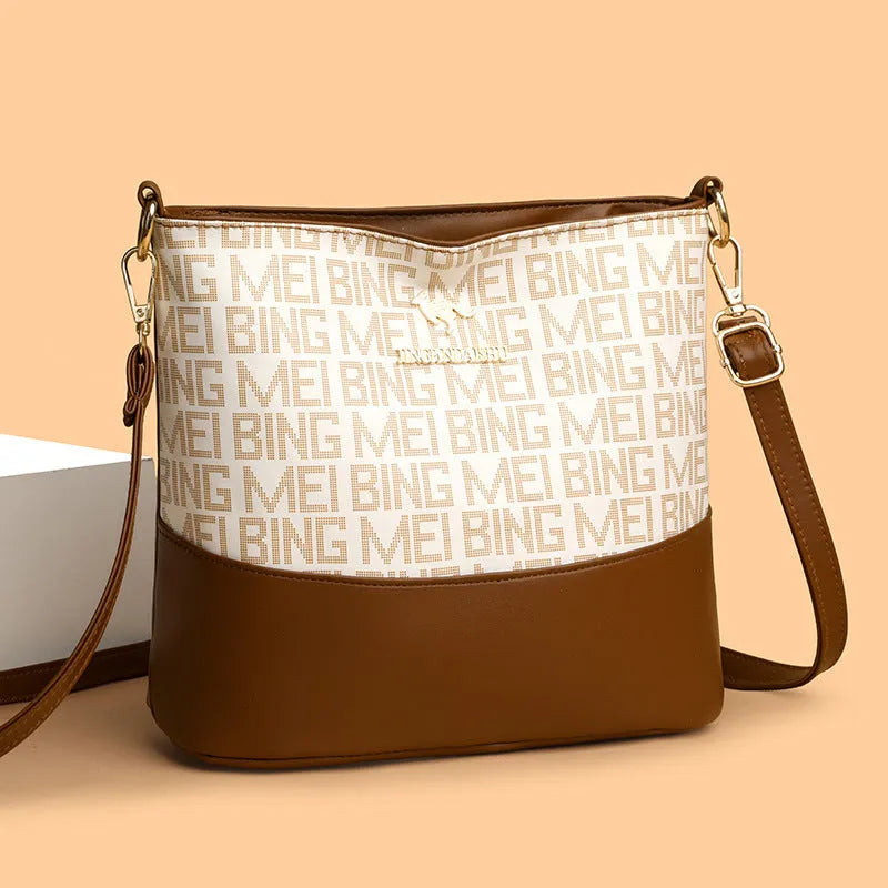Brown retro soft leather messenger bag with three-dimensional pocket and horizontal square shape