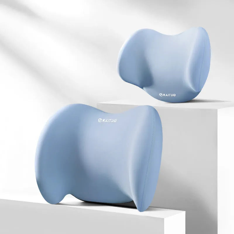 Automotive memory foam support pillow with geometric pattern in cotton fabric, showing headrest and lumbar components
