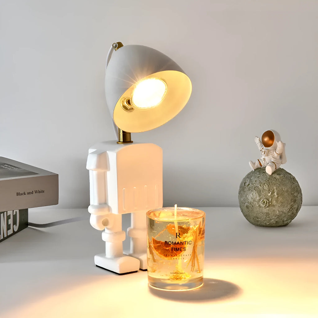 Robot aromatherapy wax lamp in white with resin hardware, dimmable fragrance table lamp 30.5cm tall
