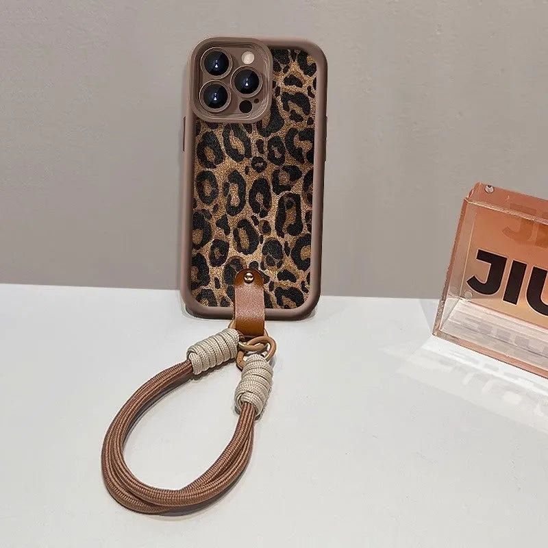 Brown leopard print silicone iPhone case with lanyard attachment for iPhone 11-16 Pro Max models