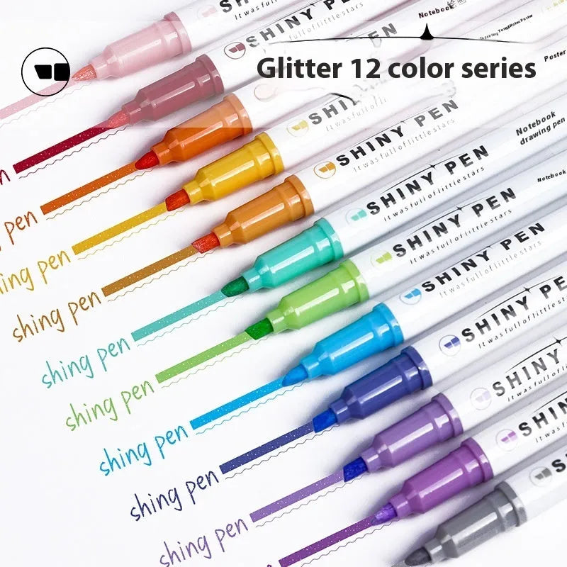Set of four glitter highlighter pens in various colours showing slanted 4mm tips.