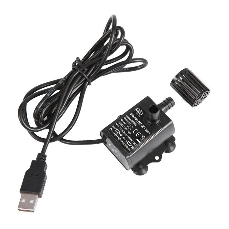 Micro brushless DC submersible pump in black with USB cable, 8mm inlet and outlet, and rubber suction cups