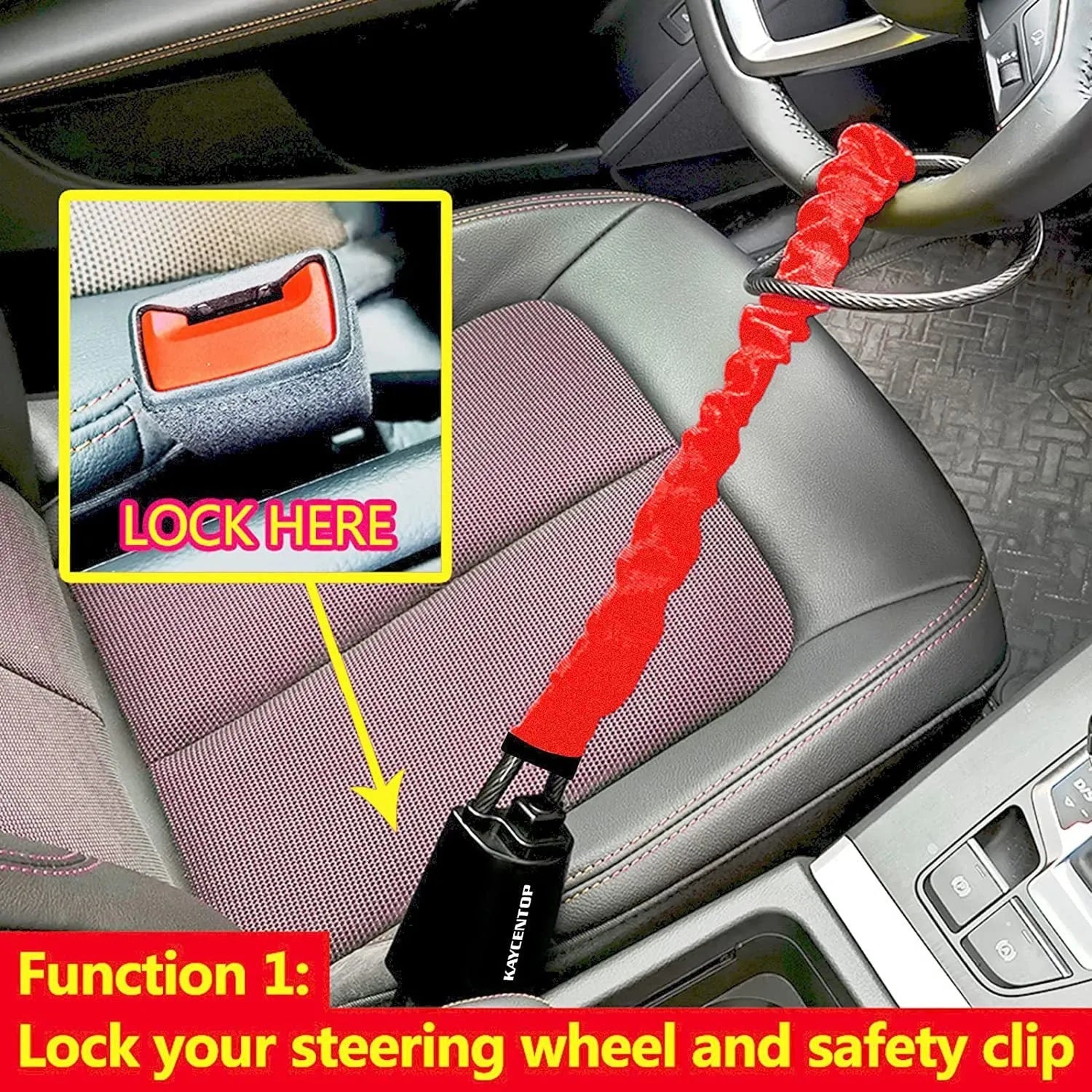 Red steel car steering wheel security lock with coiled cable on a car seat.