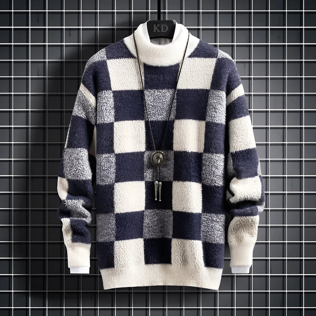 Men's round neck knit sweater in blue, beige, or black with slim fit, check pattern, and long sleeves, sizes S to 3XL