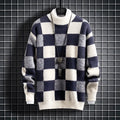 Men's round neck knit sweater in blue, beige, or black with slim fit, check pattern, and long sleeves, sizes S to 3XL
