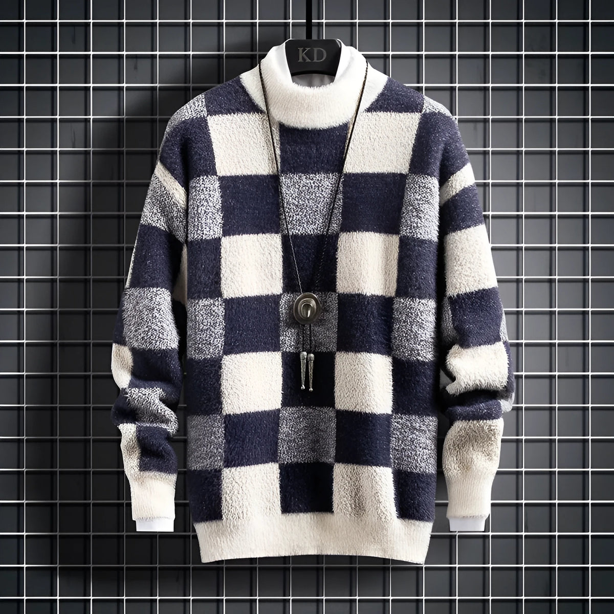 Men's round neck knit sweater in blue, beige, or black with slim fit, check pattern, and long sleeves, sizes S to 3XL