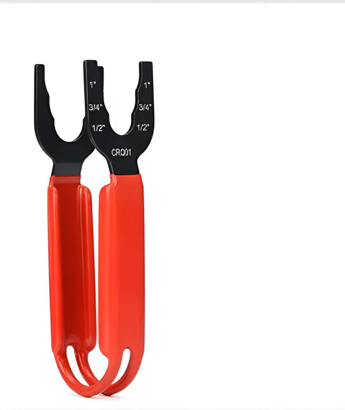 Orange 10-inch adjustable pipe wrench with knurled handle and forged steel jaw fully open.