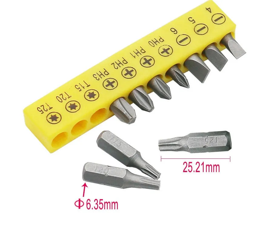 L-shaped double-headed socket wrench with ten screwdriver bits on white background