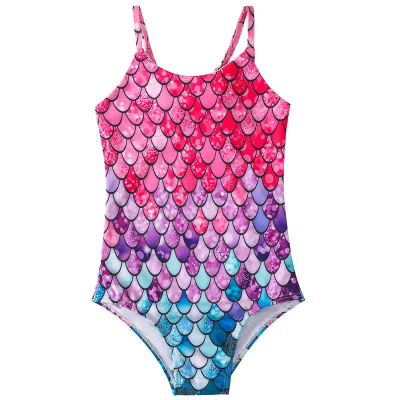 Blue and purple girls' mermaid one-piece swimsuit for swimming, shown in a child size.