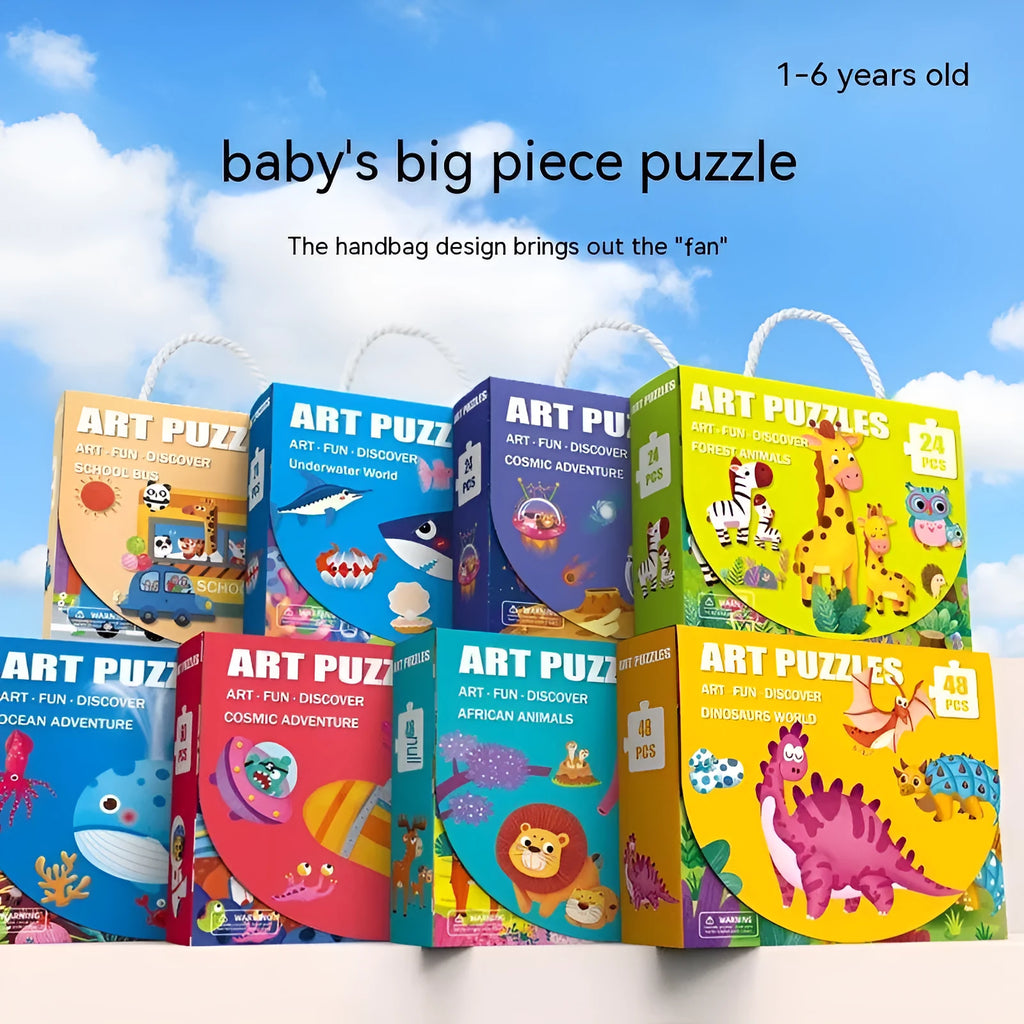 Paper kids jigsaw puzzle in colour box, 23x18x6.5cm, animal, space, dinosaur themes, ages 4-6
