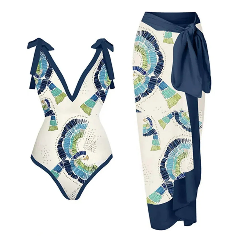 French retro one-piece swimsuit with gauze skirt in blue or pink colours, backless bikini style design