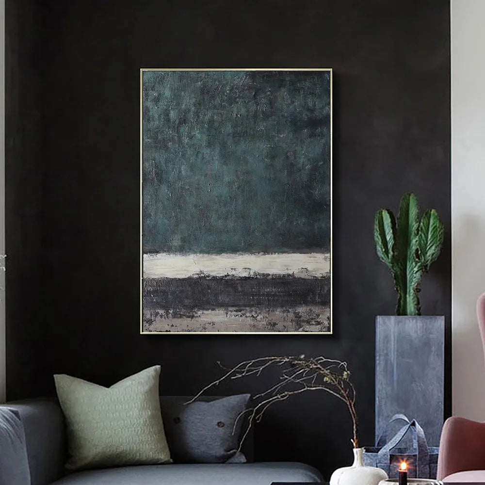 Large abstract handmade painting retro green texture on canvas, hand-painted, vertical orientation, no frame