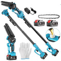 Electric pruning saw with 6-inch SK5 steel blade and 2.5m extension pole on a garden background