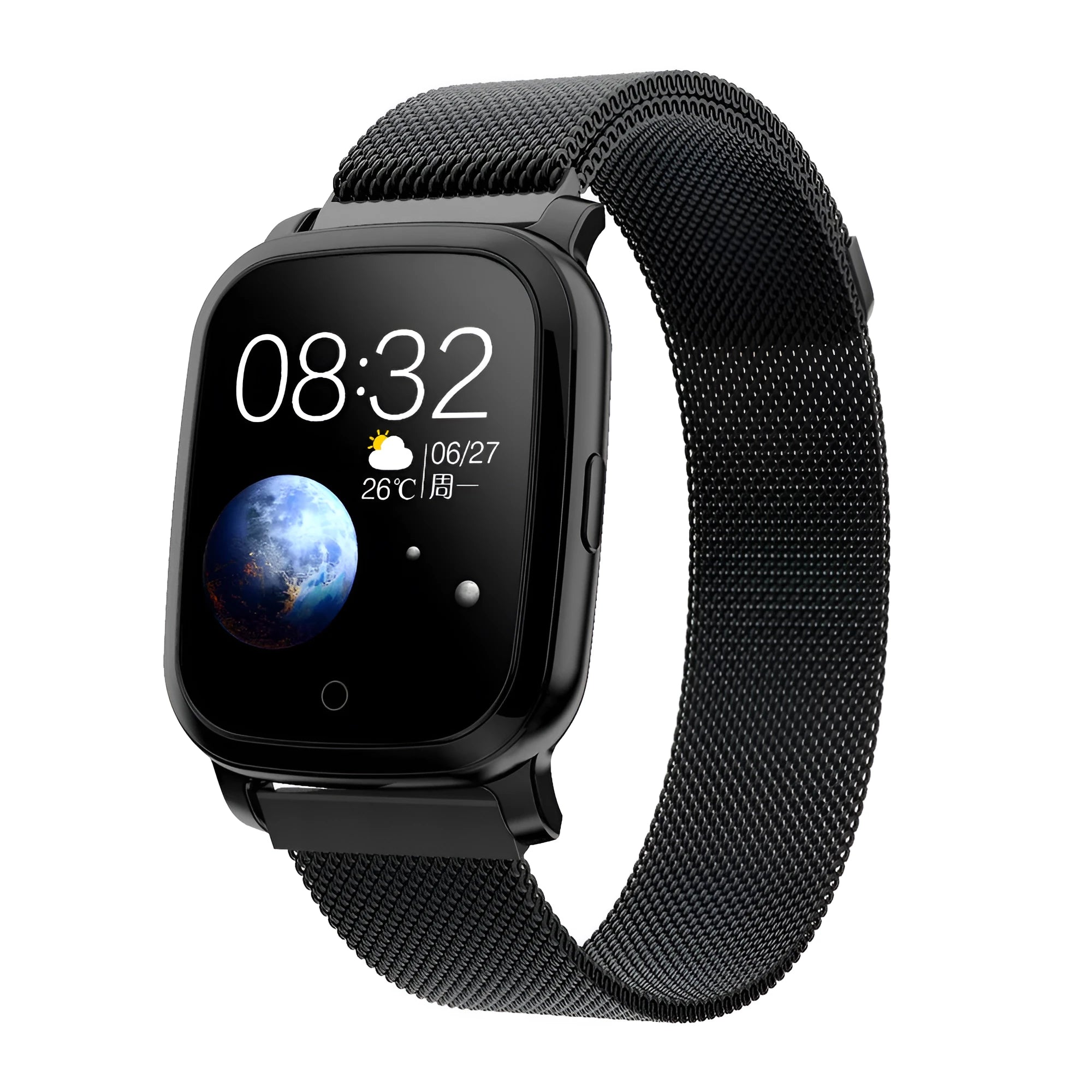 Smart pedometer watch with temperature measurement on wrist, showing 1.3-inch screen displaying fitness data
