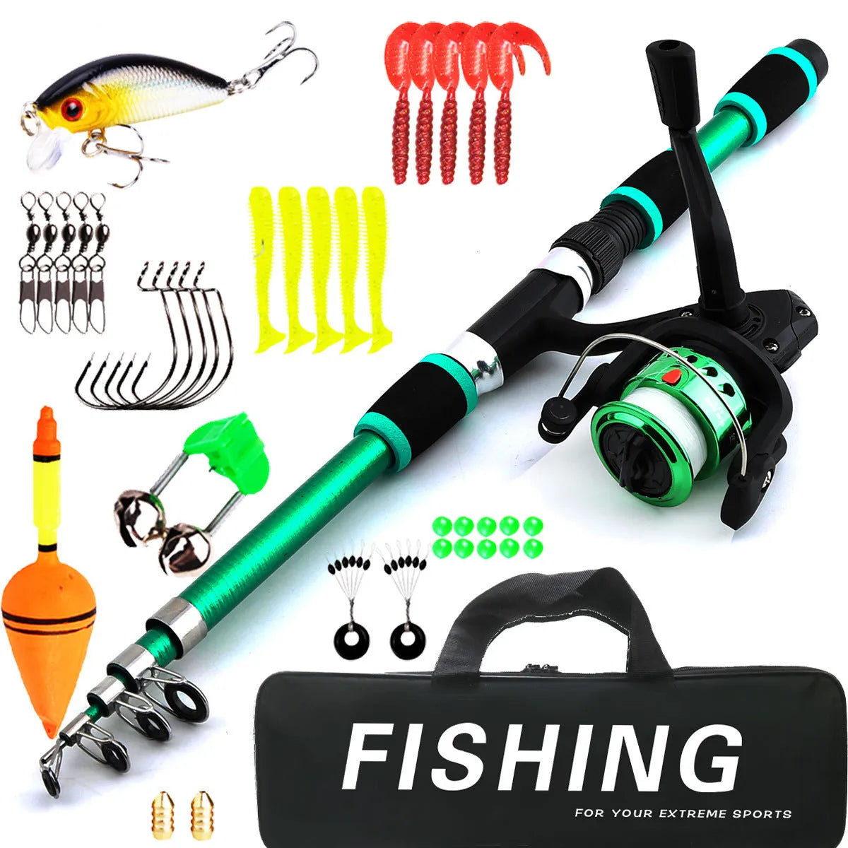 Blue children's fishing rod and reel set with matching tackle box on a grassy bank.