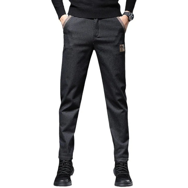Men's embroidered slim straight cotton trousers in black, high waist, spring wear