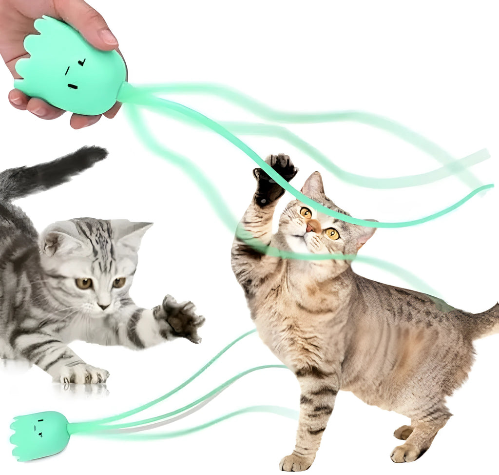 Green automatic cat wand toy with swinging silicone tails for indoor feline play