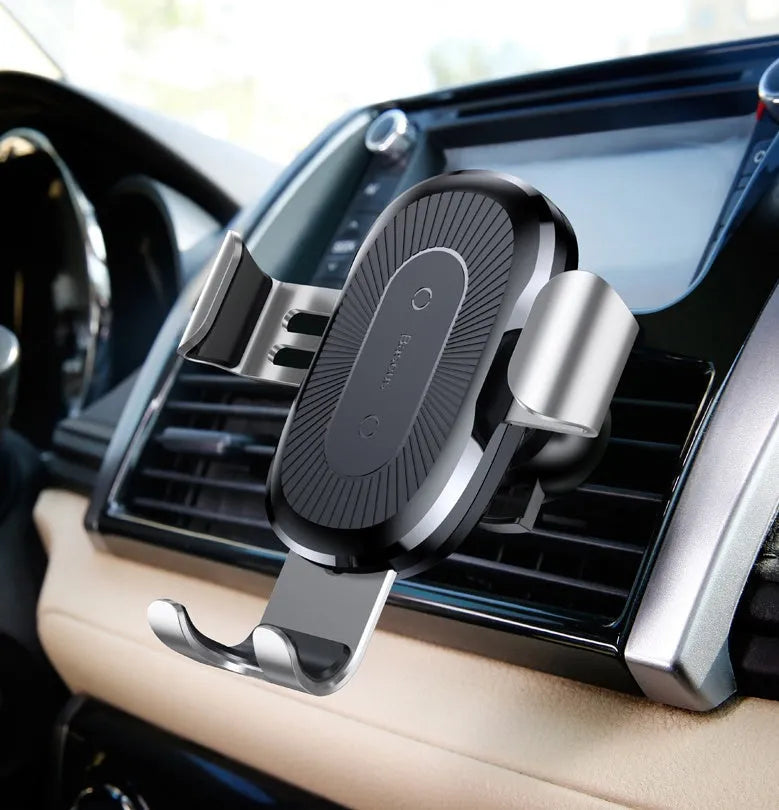 Gravity bracket wireless charging car mount in black for Apple and Samsung phones