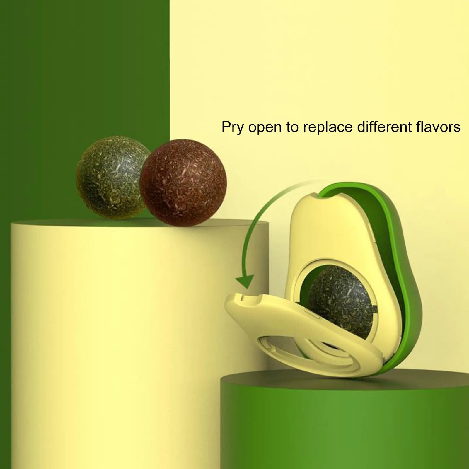 Avocado-shaped catnip wall toy attached to a smooth window with a silvervine ball for cat teeth cleaning