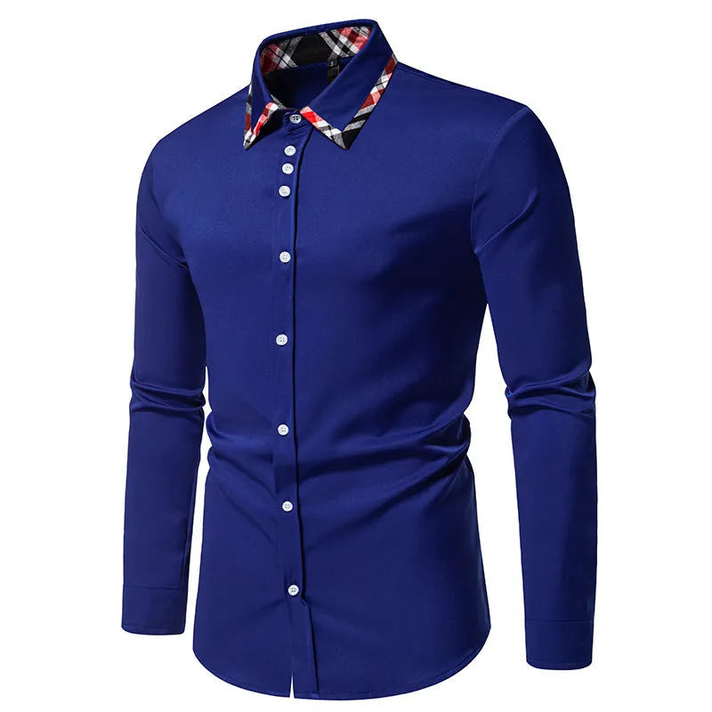 Men's black plaid shirt with a triangle collar and long sleeves in a cardigan style.
