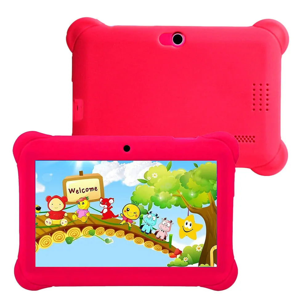 Children's tablet with 7-inch multi-touch screen, 8GB storage, 512MB RAM, ABS plastic shell, available in black, purple, and red.