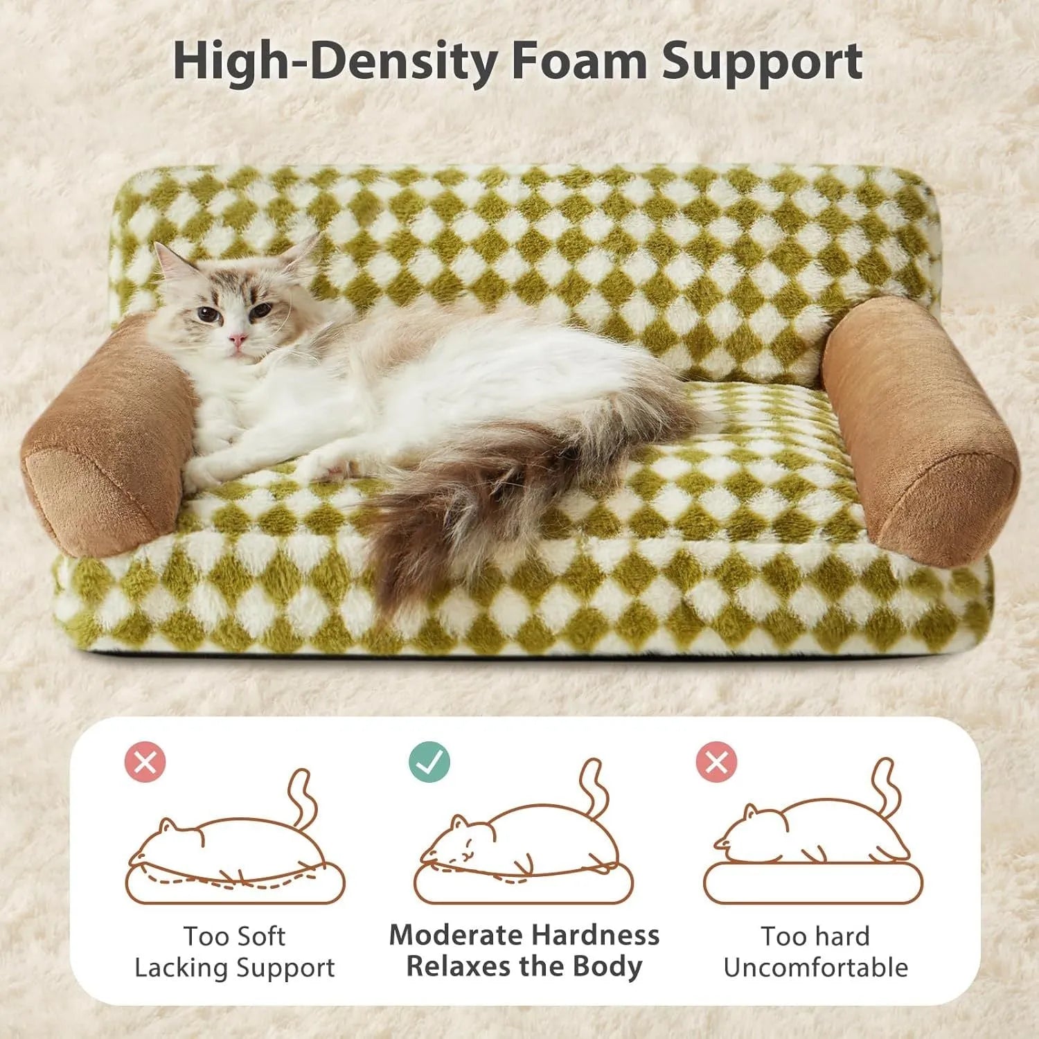 Checkered pet couch bed for small dogs and cats on a wooden floor, showing its raised design and removable cover.