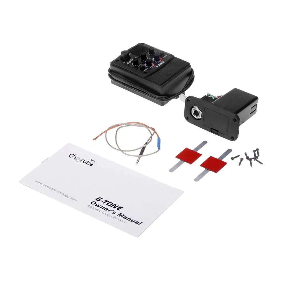 Cherub GT-6 black acoustic guitar preamp with EQ knobs and effects controls for soundhole mounting.