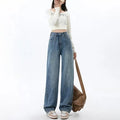 Women’s retro blue high waist wide leg denim jeans, sizes S to 2XL