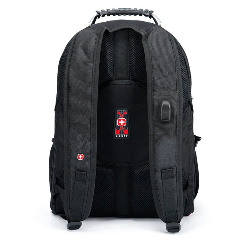 Black outdoor backpack with hand, shoulder, and backpack straps, polyester lining, fits 15.6 inch laptop