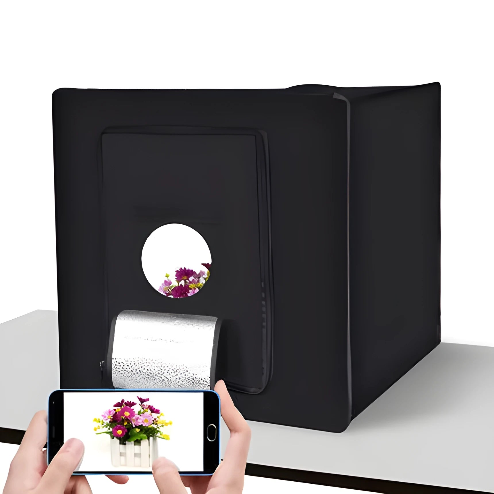 Black LED studio 60cm light box unfolded with 64cm cube workspace and polyester background screen