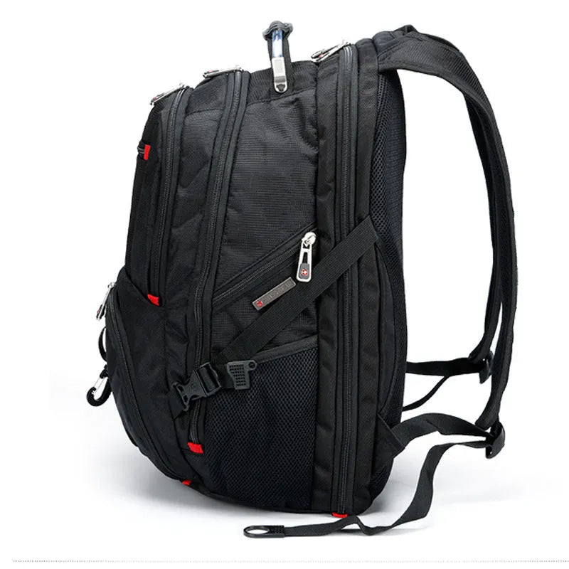 Black outdoor backpack with hand, shoulder, and backpack straps, polyester lining, fits 15.6 inch laptop
